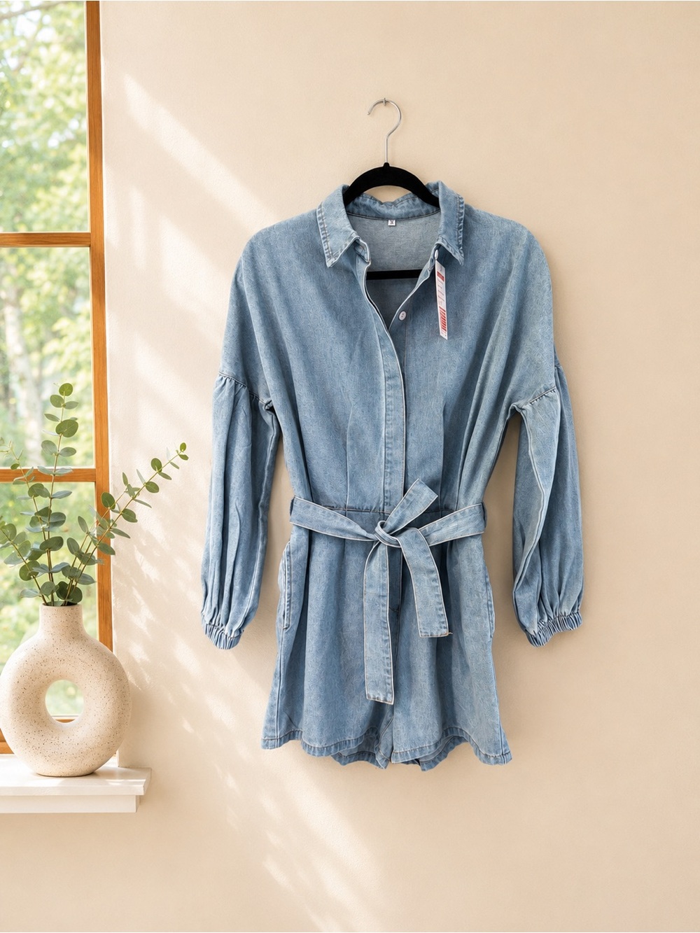 Boutique Light Wash Denim Romper Balloon Sleeve Jean Jumpsuit NWT Small